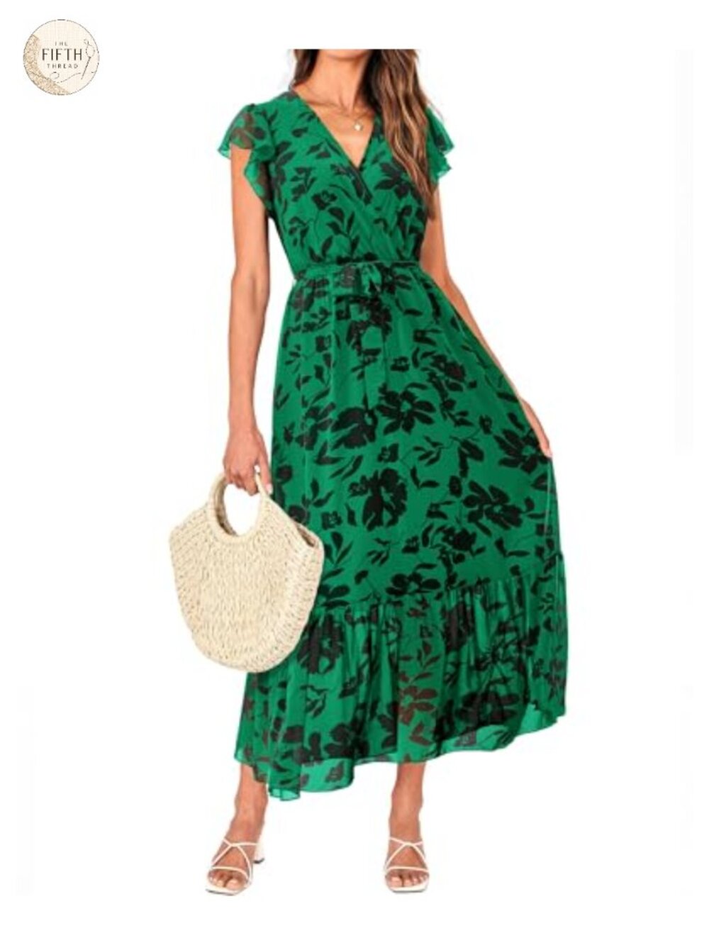 Women's Ruffle Cap Sleeve V-Neck A-Line Midi Dress with Belt